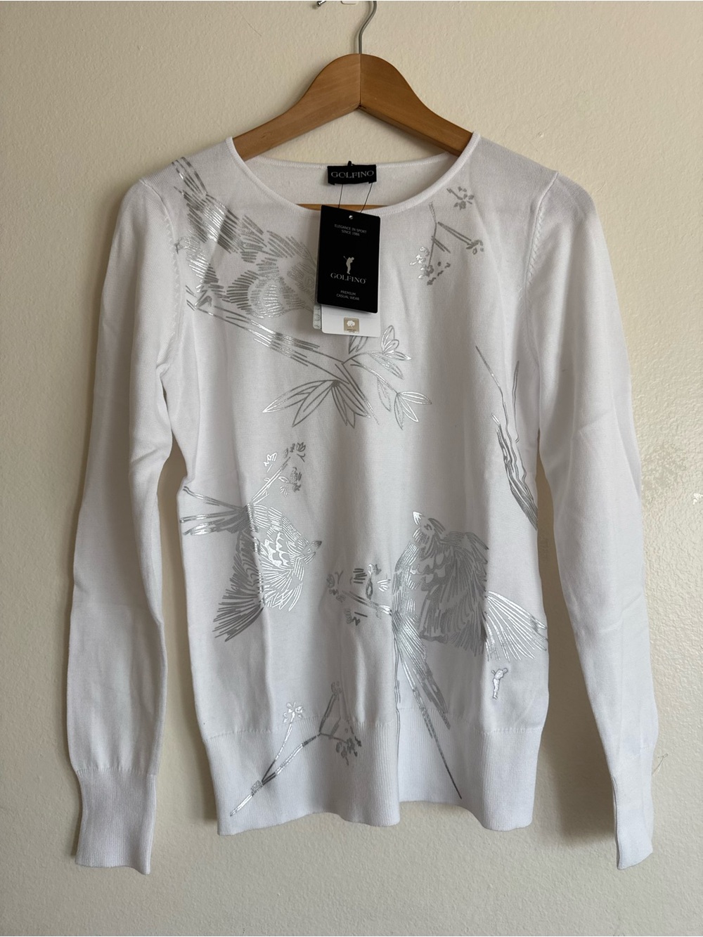 GOLFINO White Silver Foil Bird Print Long Sleeve Pullover Sweater